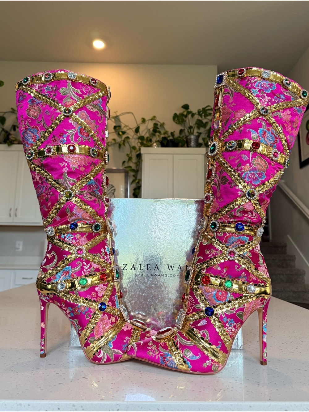Zalea Wang Fuchsia Jeweled Stiletto Knee Boots